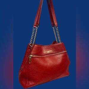 Karl Lagerfeld EUC Leather Crimson Shoulder Bag with Chain/leather Straps